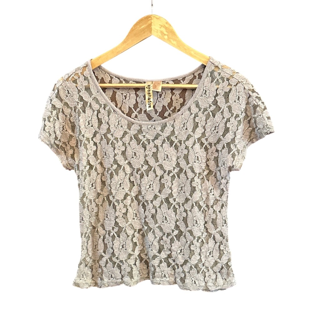Y2K Vintage Eyeshadow Women Lace Top Romantic Floral Short Sleeve Cropped Beige